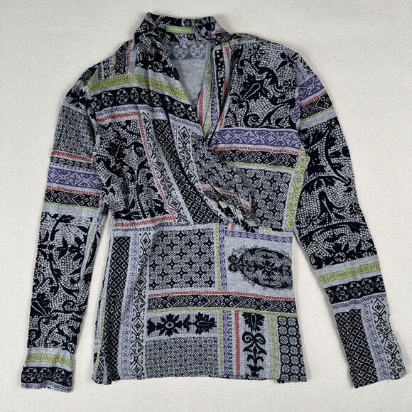 Catherine Andre Shawl Neck Blouse Top Women’s Small Mixed Print Art Long Sleeve - Picture 1 of 16